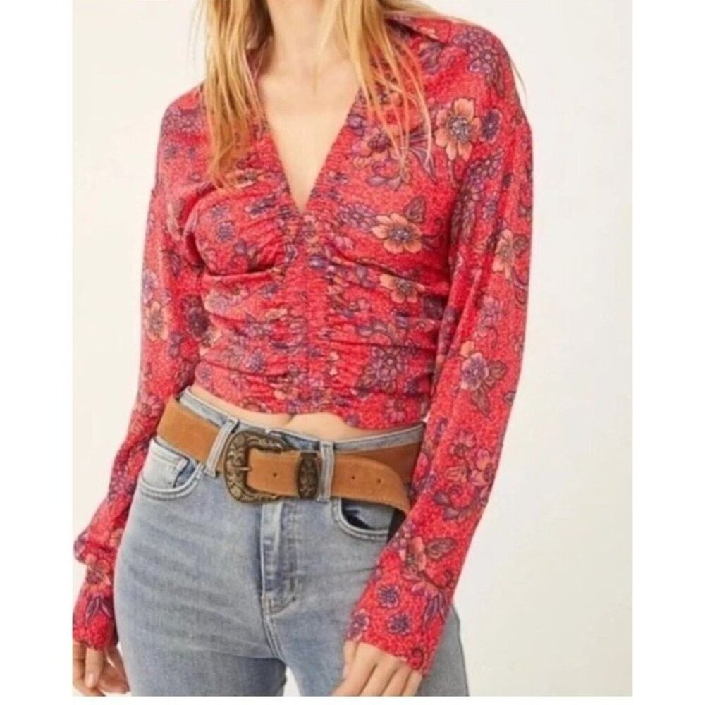 FREE PEOPLE I Got You Printed Floral Smocked Crop Top Red Long Sleeve XSmall